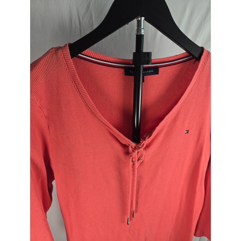 Tommy Hilfiger Global Lace Up Ribbed Henley Top Sz L Coral 3/4 Sleeve - Picture 2 of 14